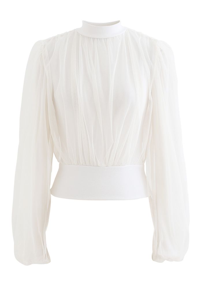 Sheer Mesh Overlay Ribbed Knit Top in White