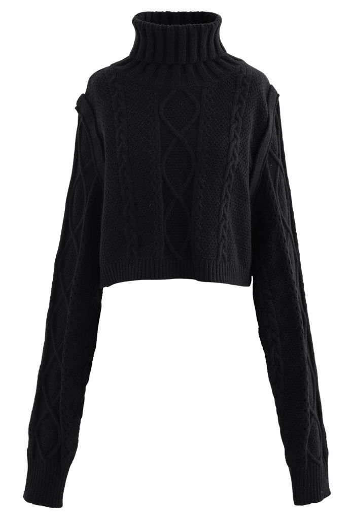 Panel Turtleneck Crop Cable Knit Sweater in Black - Retro, Indie and ...