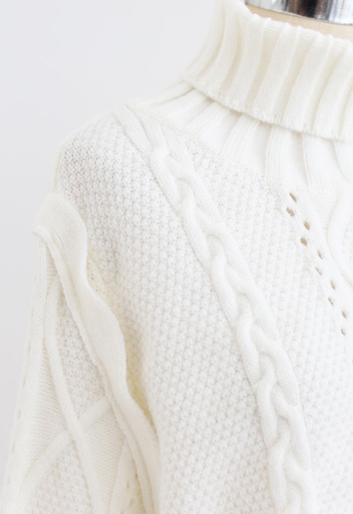 Panel Turtleneck Crop Cable Knit Sweater in White - Retro, Indie and ...