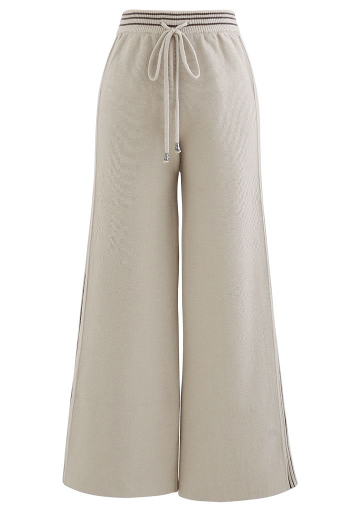 Contrasted Side Drawstring Rib Knit Pants in Sand - Retro, Indie and ...