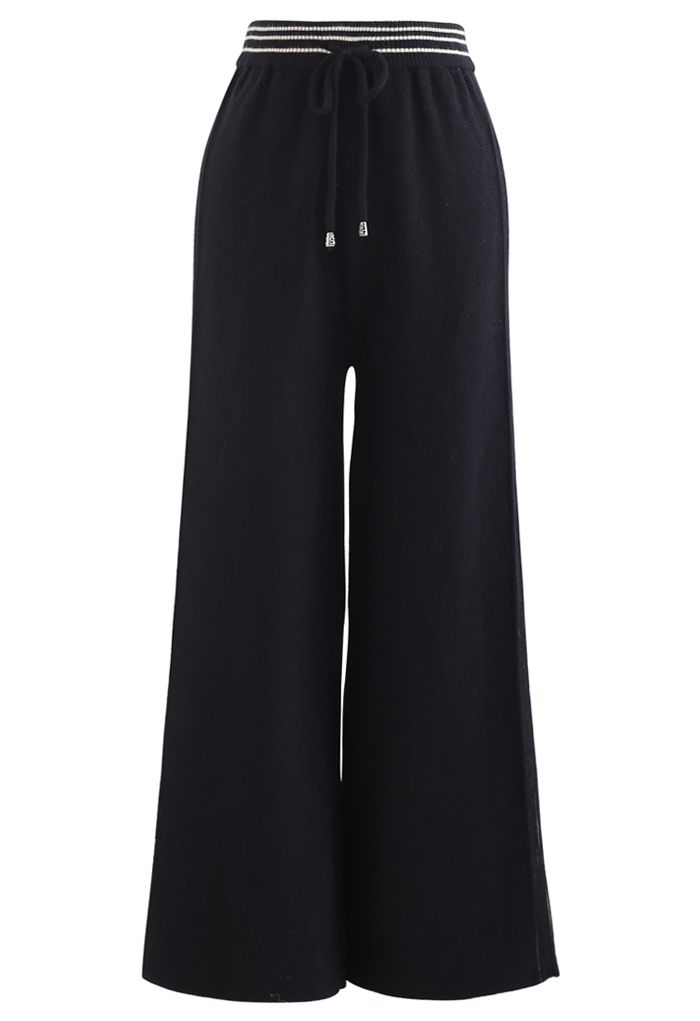 Contrasted Side Drawstring Rib Knit Pants in Black - Retro, Indie and ...