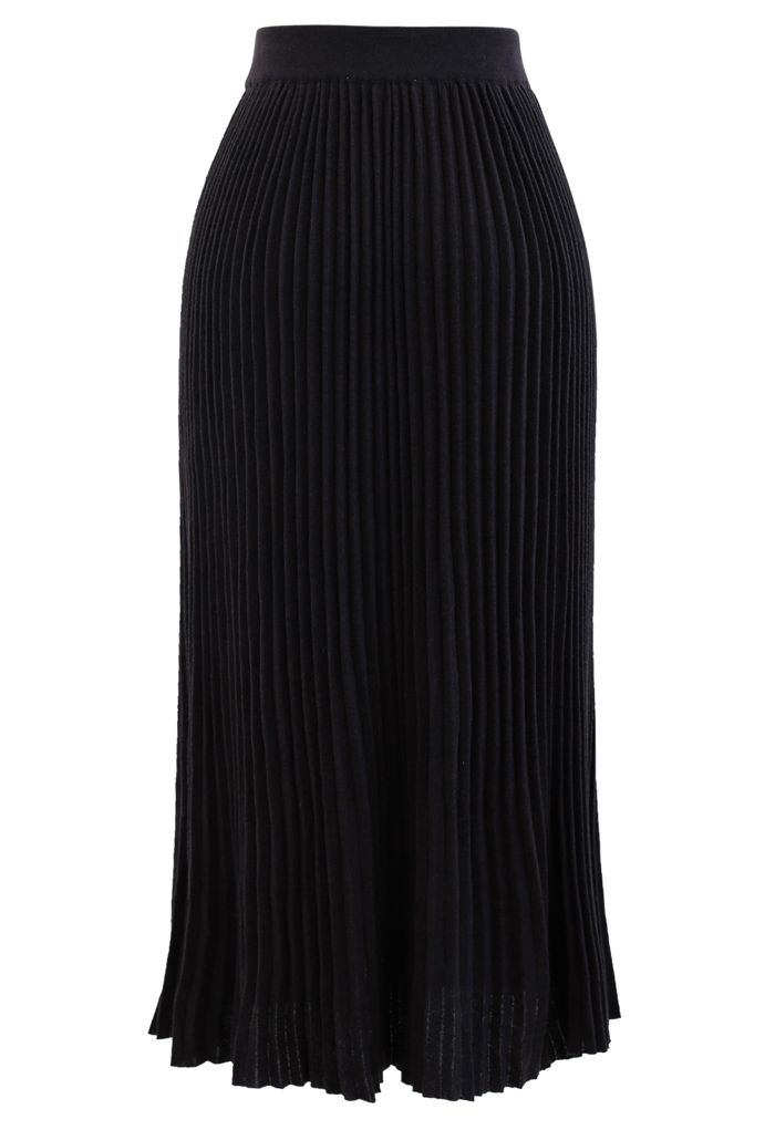 Button Front Pleated Ribbed Knit Skirt in Black - Retro, Indie and ...