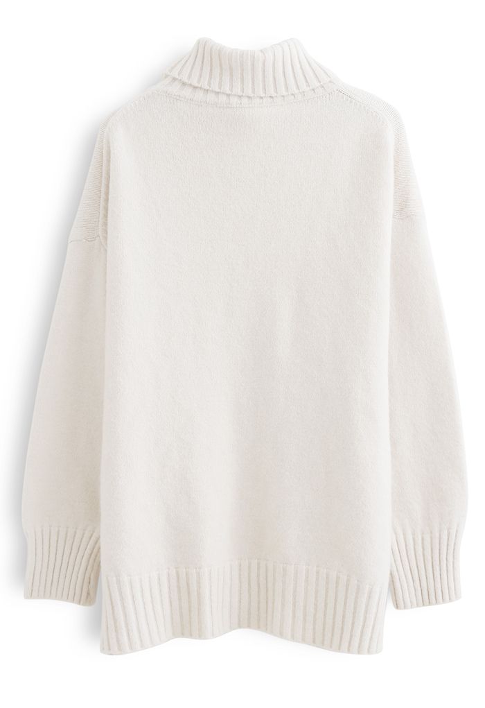 Split Hem Buttoned Turtleneck Knit Sweater in Ivory - Retro, Indie and ...