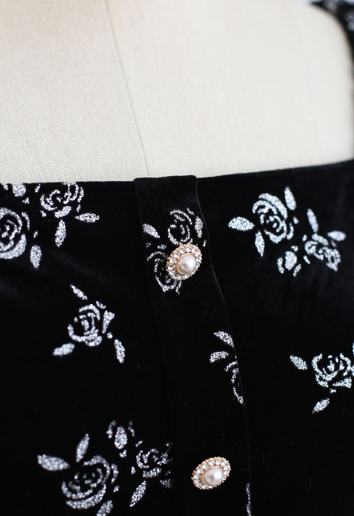 Glittery Rose Buttoned Velvet Top in Black