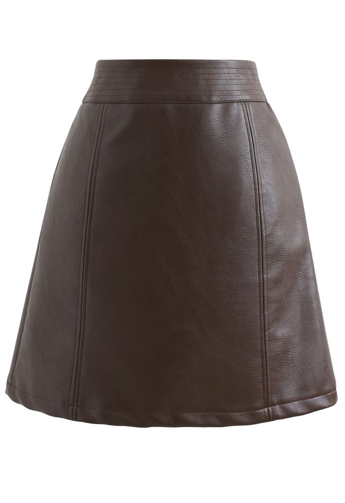 Seamed Waist Faux Leather Bud Mini Skirt in Brown - Retro, Indie and ...