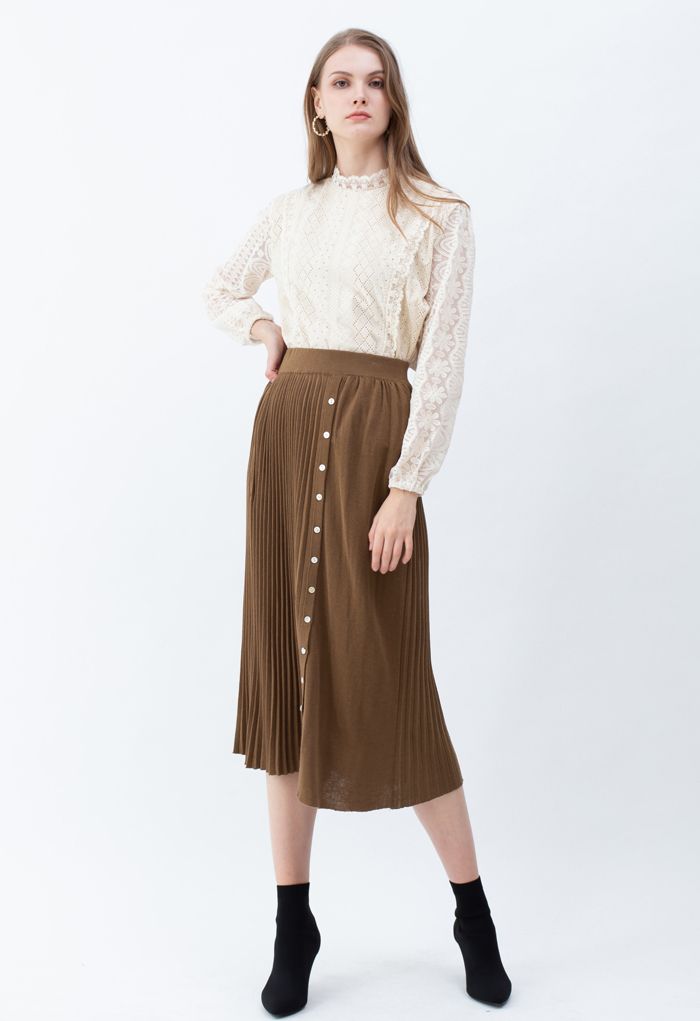 Button Front Pleated Ribbed Knit Skirt in Caramel - Retro, Indie and ...