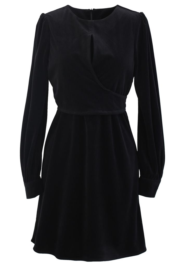 Corduroy Wrap Long Sleeves Mini Dress in Black - Retro, Indie and ...