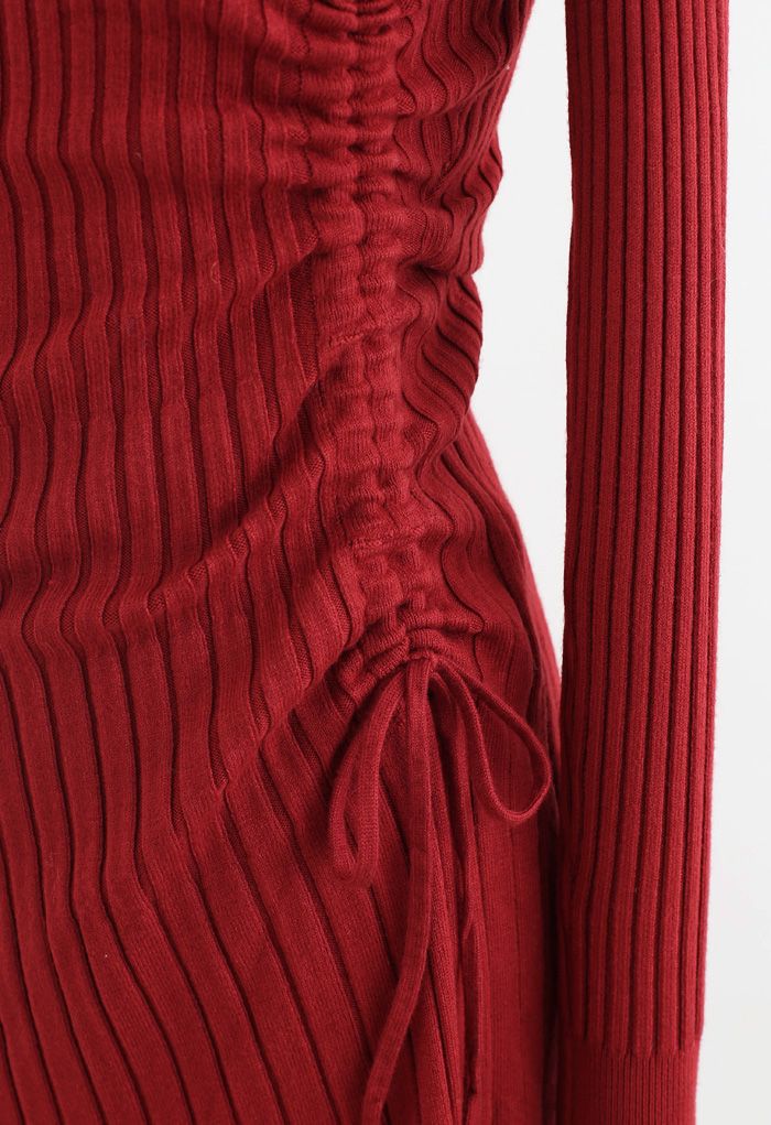Side Drawstring Ribbed Knit Midi Dress in Red - Retro, Indie and Unique ...