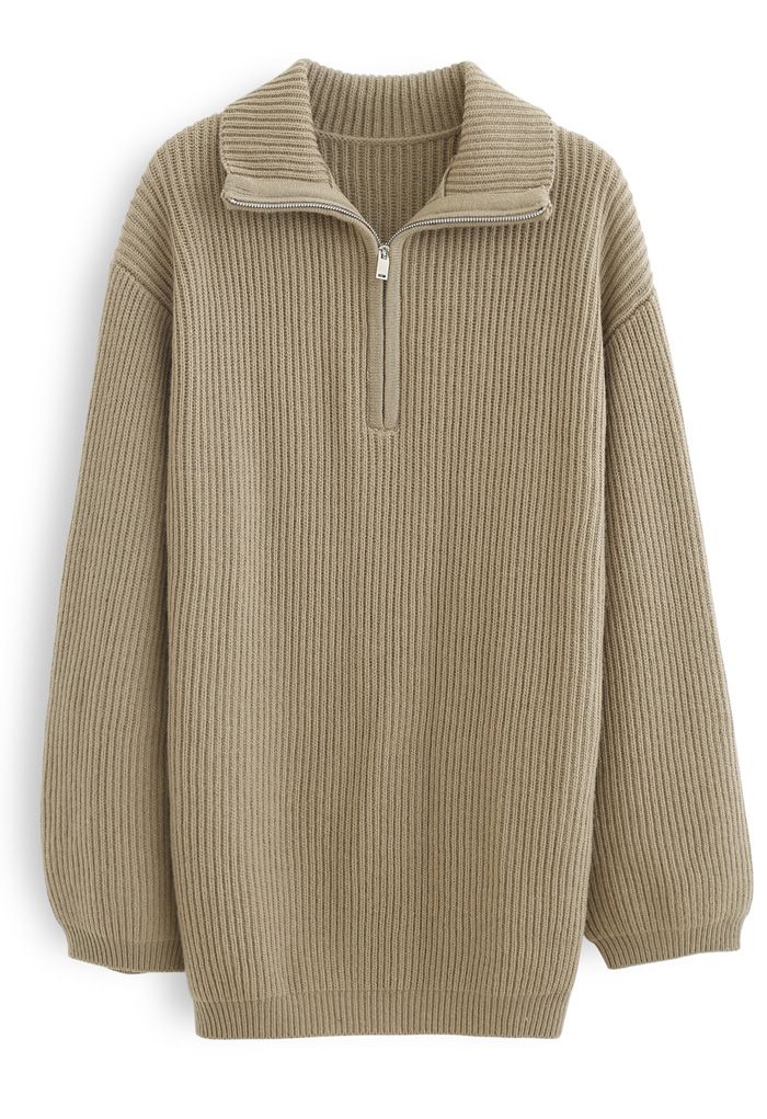 Zip-Neck Rib Knit Longline Sweater in Tan