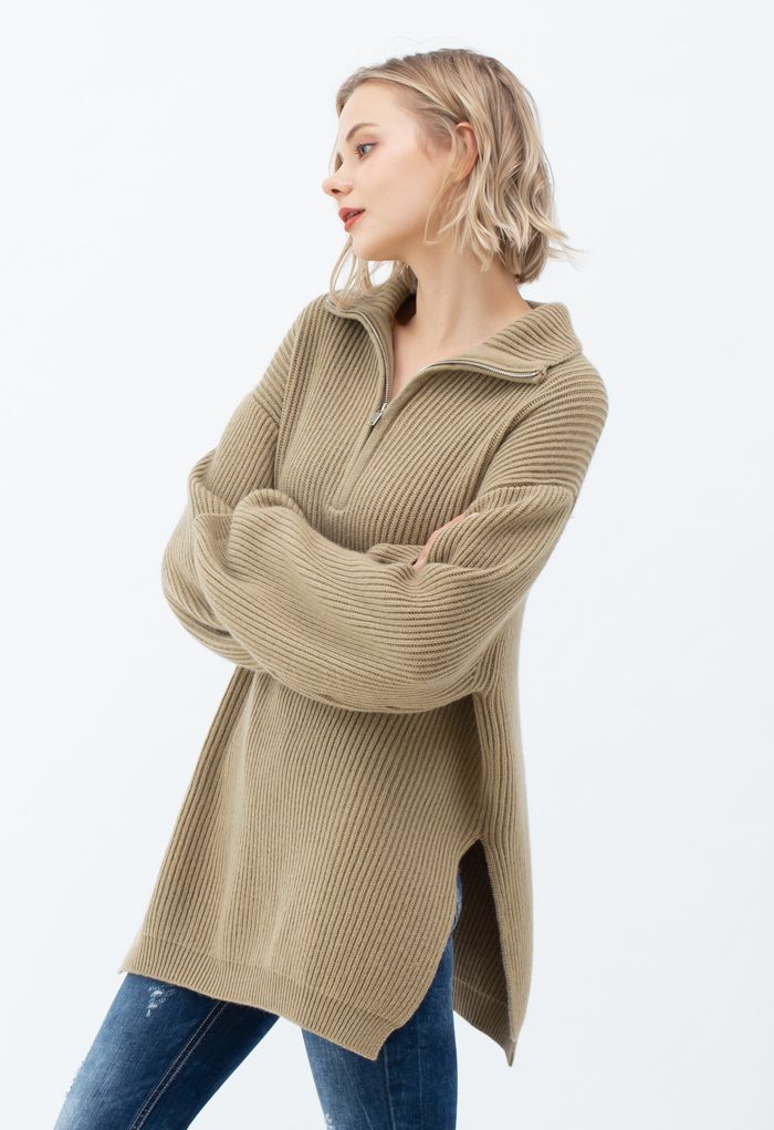 Zip-Neck Rib Knit Longline Sweater in Tan