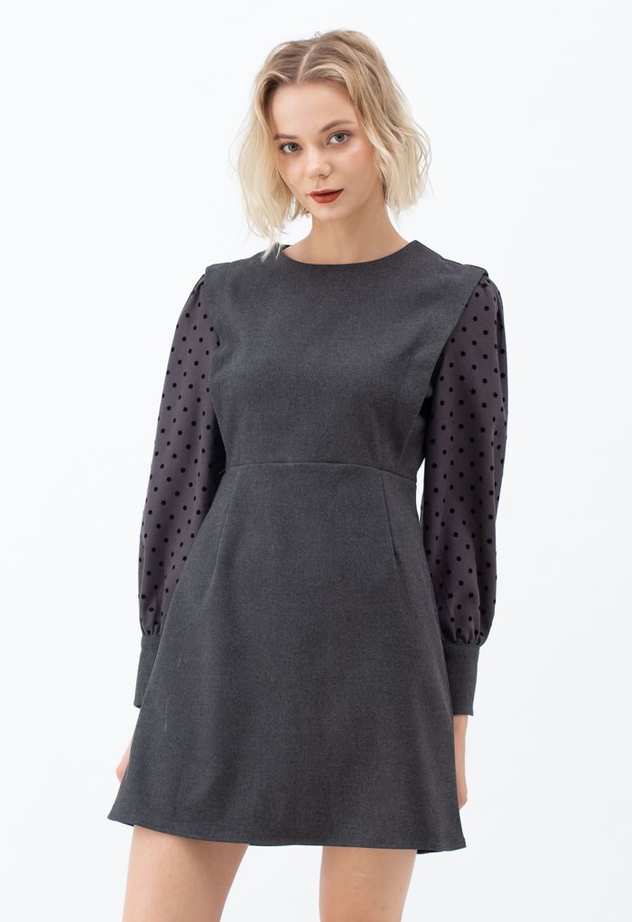 Dots Splicing Sleeves Mini Dress in Grey - Retro, Indie and Unique Fashion