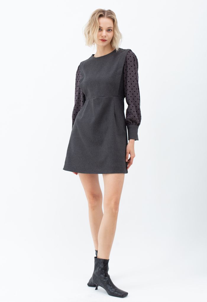 Dots Splicing Sleeves Mini Dress in Grey - Retro, Indie and Unique Fashion