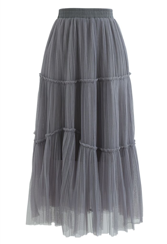 Soft Mesh Ruffle Detail Pleated Skirt in Grey - Retro, Indie and Unique ...