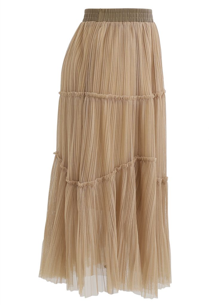 Soft Mesh Ruffle Detail Pleated Skirt in Light Tan - Retro, Indie and ...