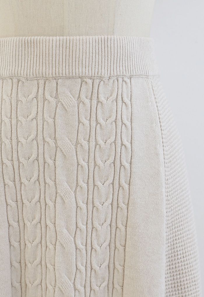 Braid Texture Soft Knit A-Line Midi Skirt in Cream