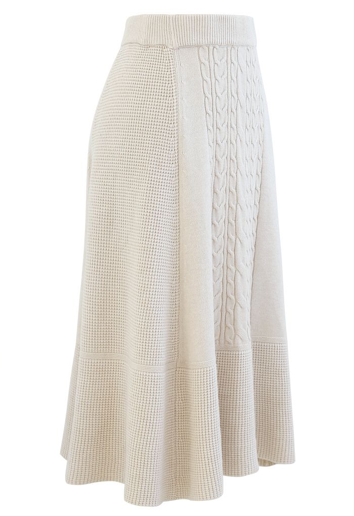 Braid Texture Soft Knit A-Line Midi Skirt in Cream