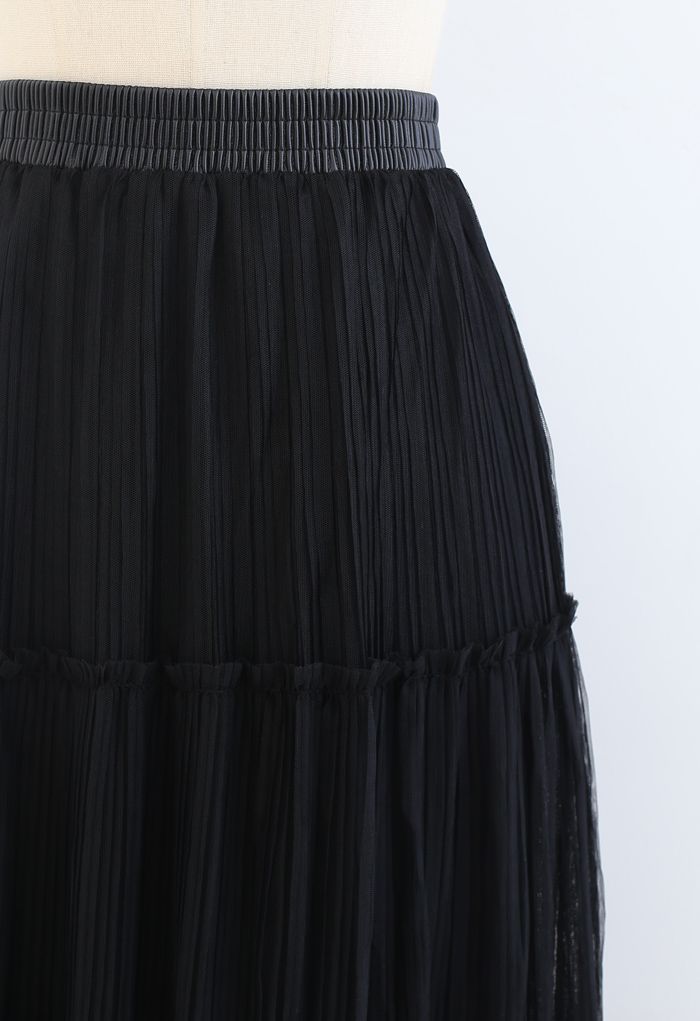 Soft Mesh Ruffle Detail Pleated Skirt in Black - Retro, Indie and ...