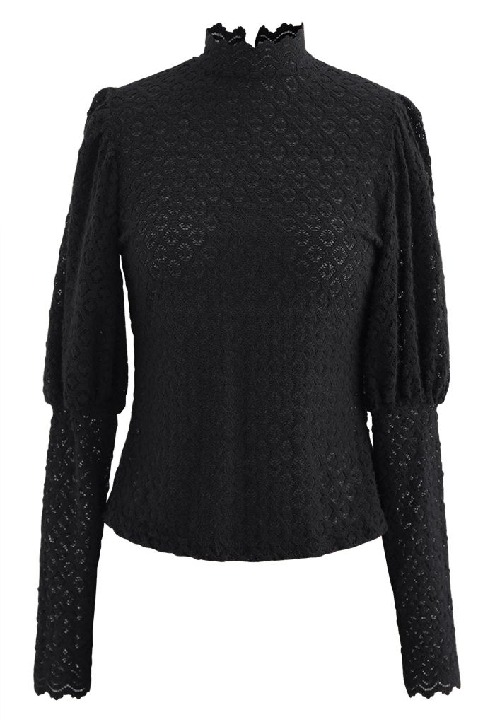 Full Lace Puff Sleeves Top in Black