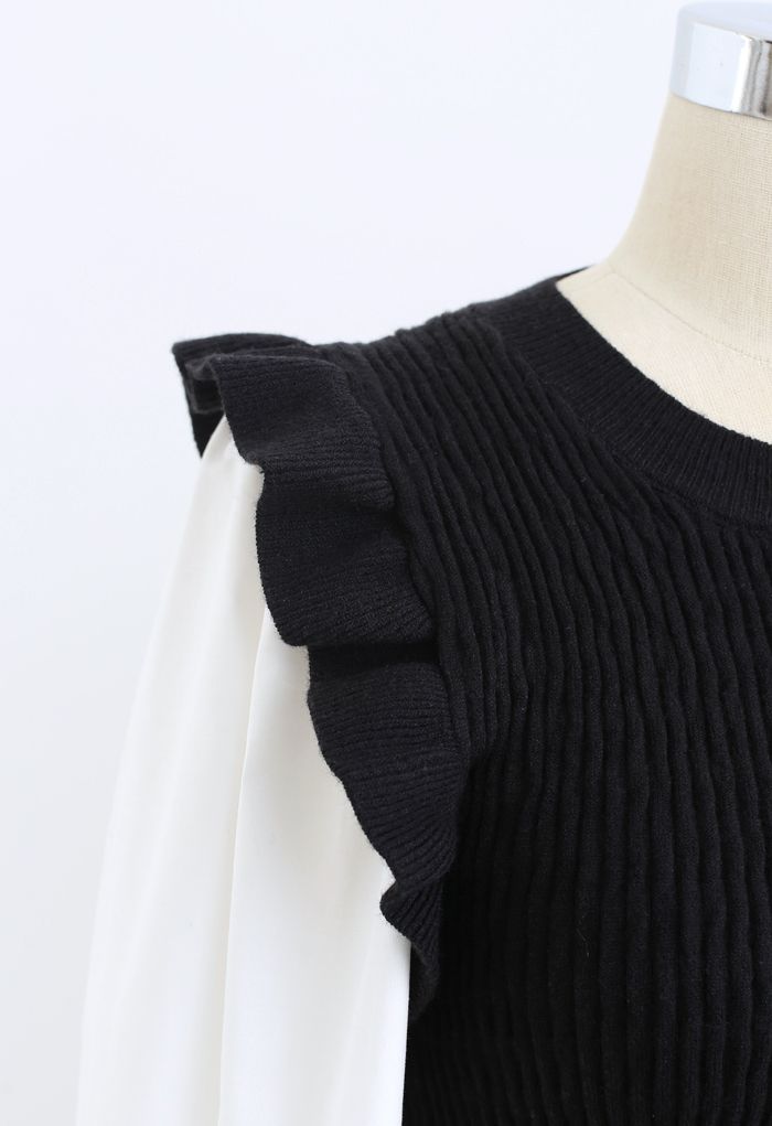 Buttoned Spliced Puff Sleeves Fitted Sweater in Black - Retro, Indie ...