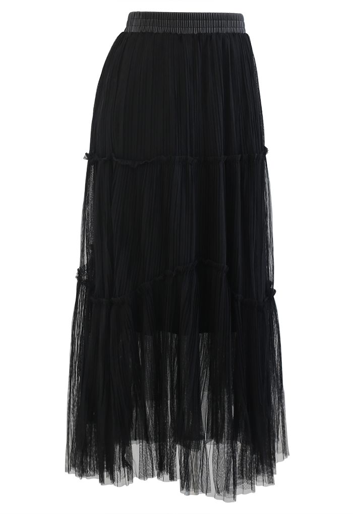 Soft Mesh Ruffle Detail Pleated Skirt in Black - Retro, Indie and ...