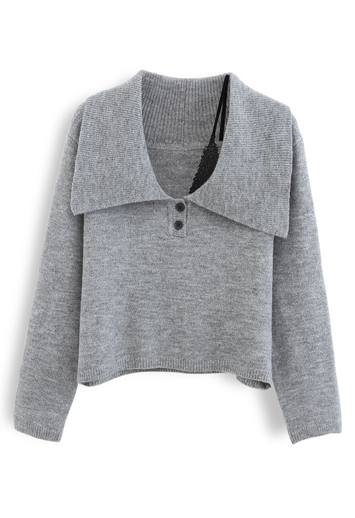 Collared Cold-Shoulder Knit Sweater in Grey