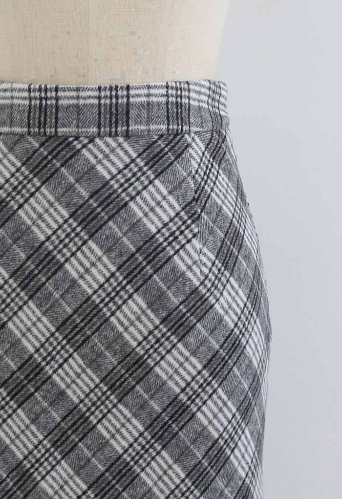 Wool-Blend Check Slit Pencil Skirt in Grey