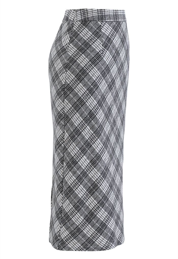 Wool-Blend Check Slit Pencil Skirt in Grey
