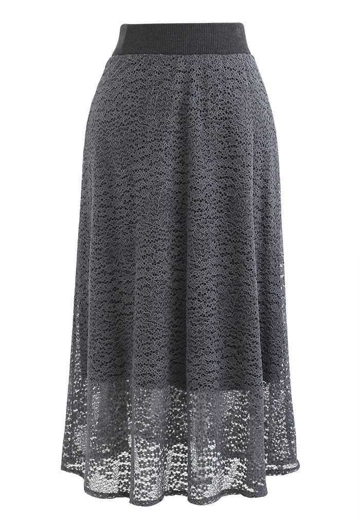Floret Lace Knit Reversible Midi Skirt in Grey