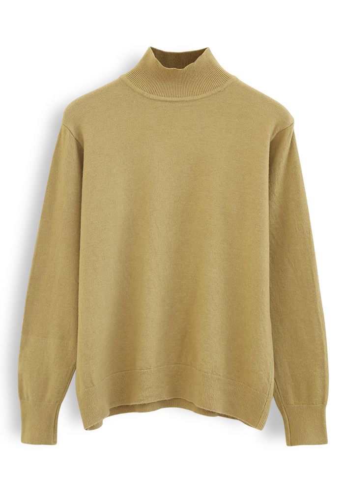 Basic High Neck Knit Top in Mustard