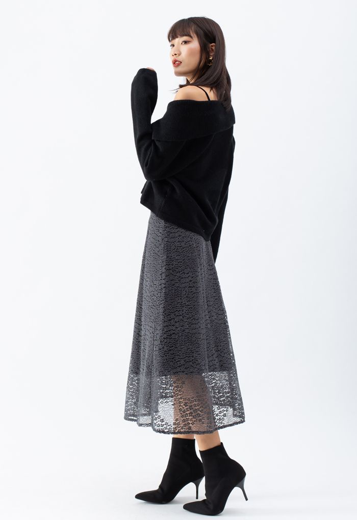 Floret Lace Knit Reversible Midi Skirt in Grey