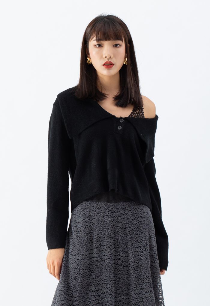 Collared Cold-Shoulder Knit Sweater in Black