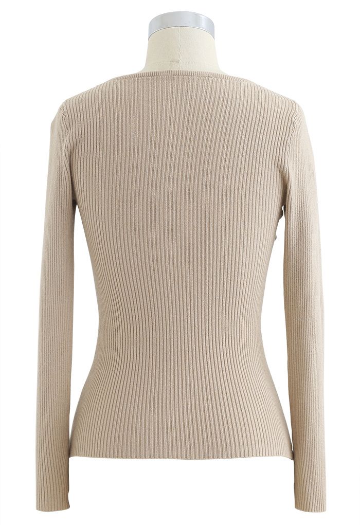 Knotted Front Fitted Knit Top in Camel