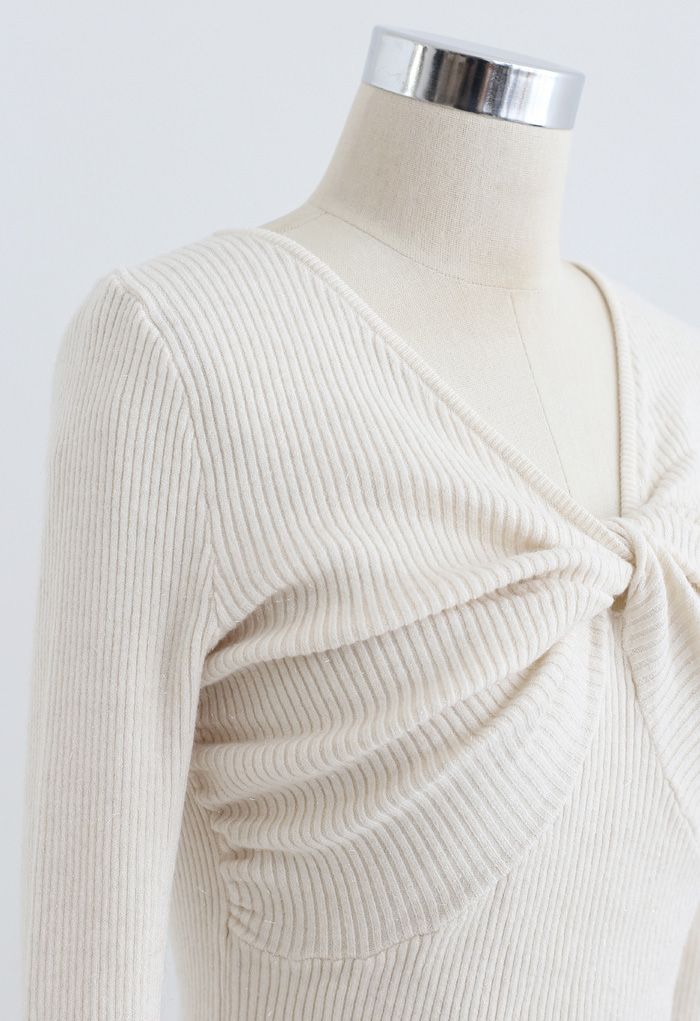 Knotted Front Fitted Knit Top in Ivory
