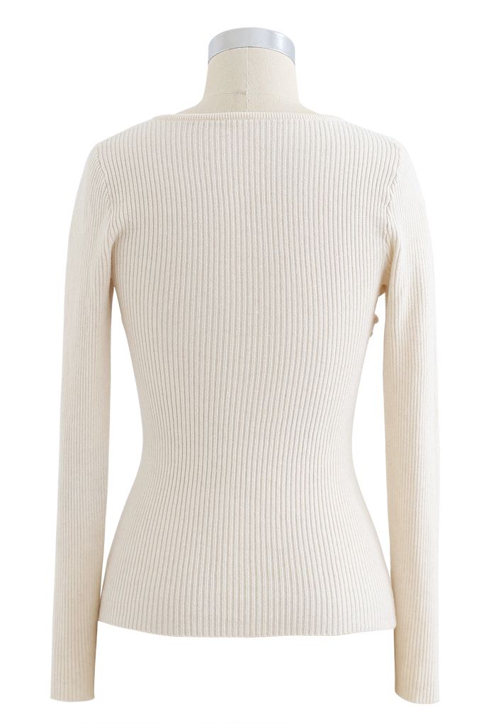 Knotted Front Fitted Knit Top in Ivory - Retro, Indie and Unique Fashion