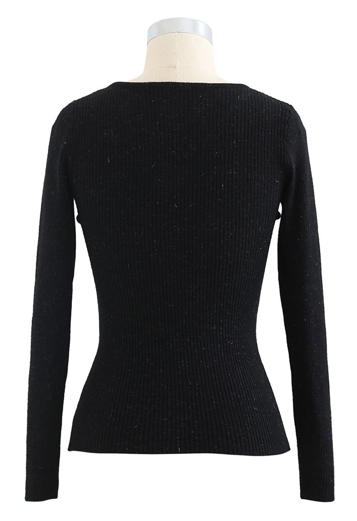 Knotted Front Fitted Knit Top in Black - Retro, Indie and Unique Fashion