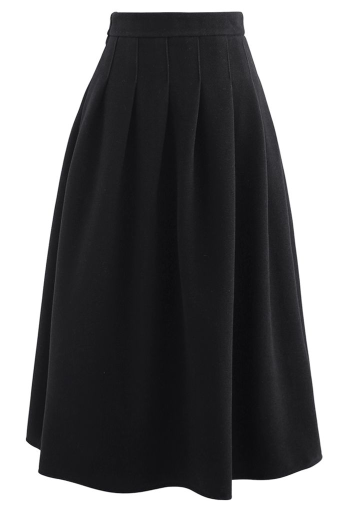 Pleated Wool-Blend Midi Skirt in Black