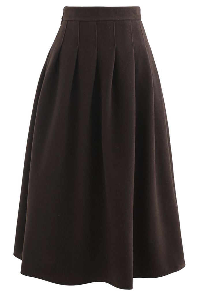Pleated Wool-Blend Midi Skirt in Brown - Retro, Indie and Unique Fashion