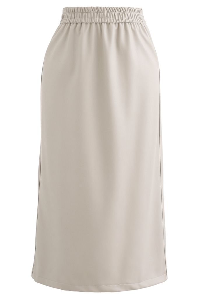 Sleek Soft Faux Leather Pencil Midi Skirt in Sand