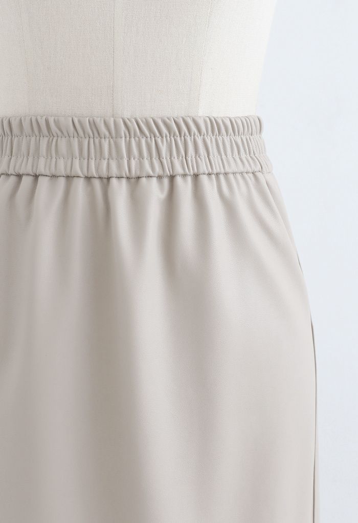 Sleek Soft Faux Leather Pencil Midi Skirt in Sand