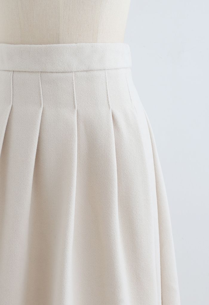 Pleated Wool-Blend Midi Skirt in Cream - Retro, Indie and Unique Fashion