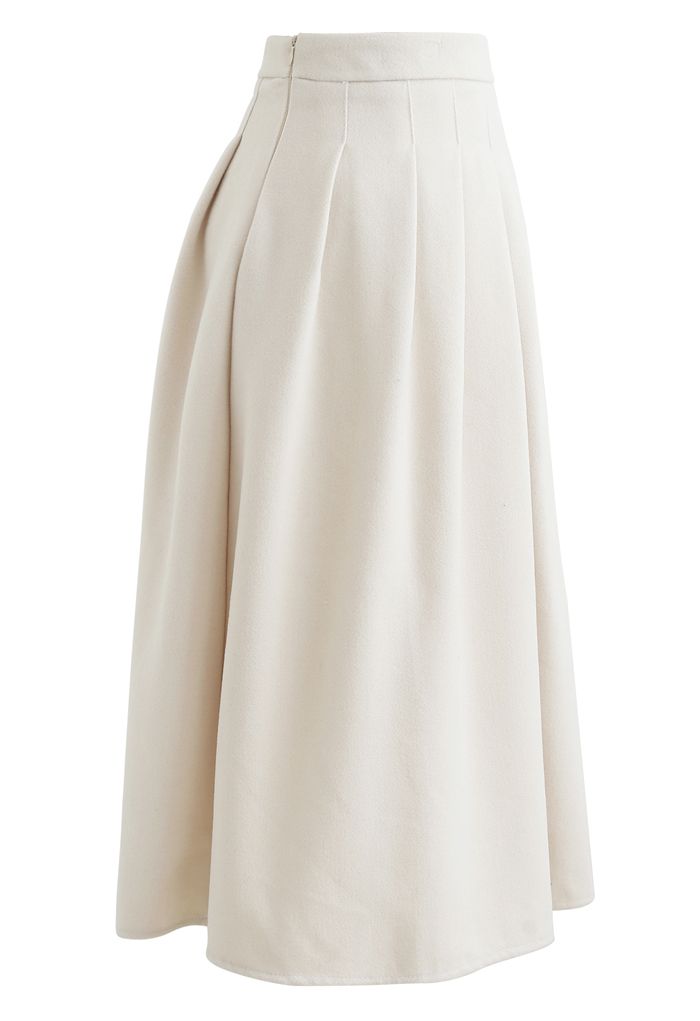Pleated Wool-Blend Midi Skirt in Cream