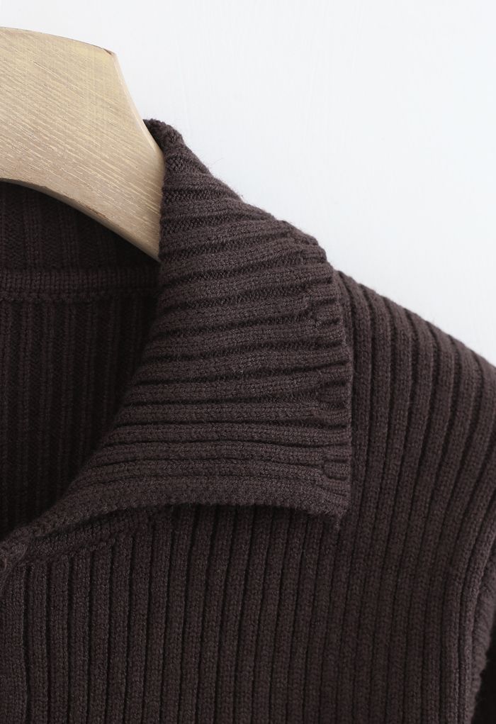 Collared Zipper Rib Knit Crop Top in Brown
