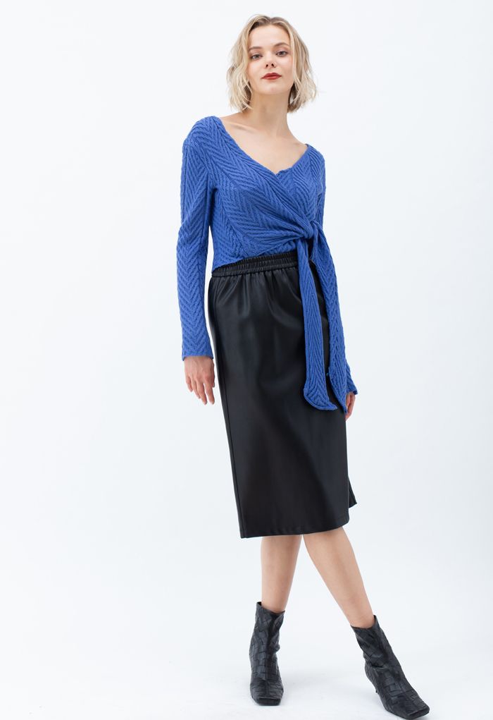 Sleek Soft Faux Leather Pencil Midi Skirt in Black
