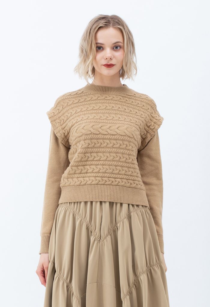 Crew Neck Braid Knit Sweater in Camel - Retro, Indie and Unique Fashion