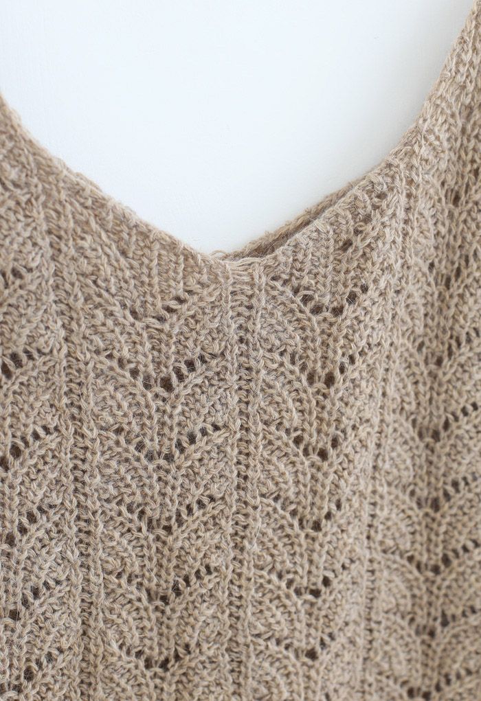 Hollow Out Knit Cami Top and Cardigan Set in Taupe