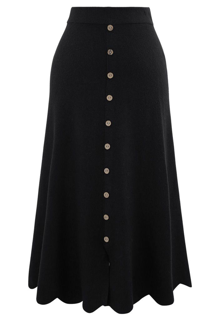 Scrolled Hem Button Knit Midi Skirt in Black - Retro, Indie and Unique ...