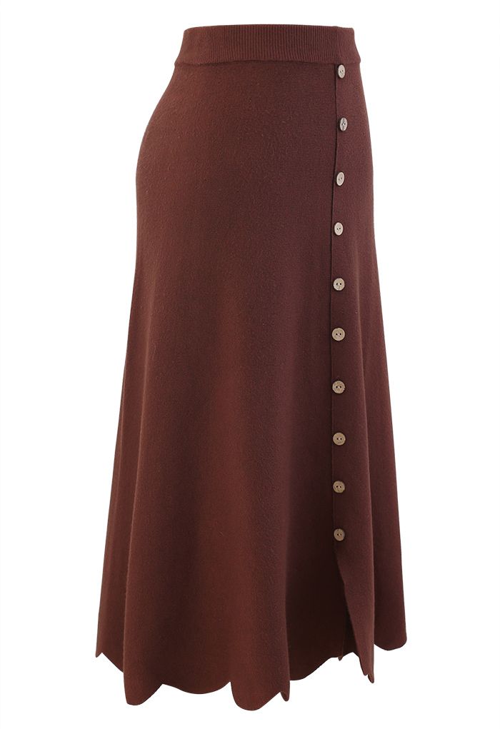 Scrolled Hem Button Knit Midi Skirt in Rust Red - Retro, Indie and ...