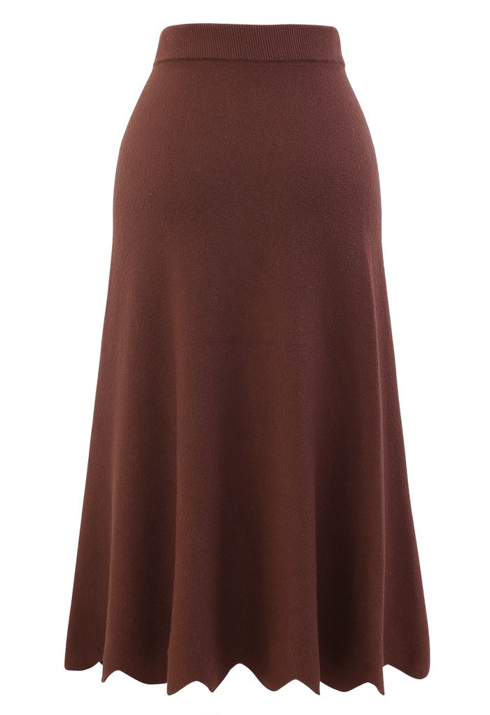 Scrolled Hem Button Knit Midi Skirt in Rust Red - Retro, Indie and ...