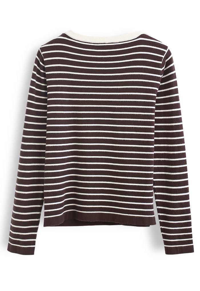 Oblique Collar Striped Knit Top in Brown