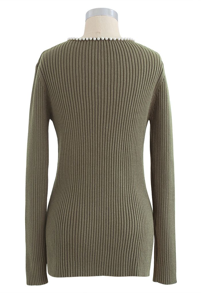 Pearl Neck Ribbed Hi-Lo Knit Sweater in Olive - Retro, Indie and Unique ...